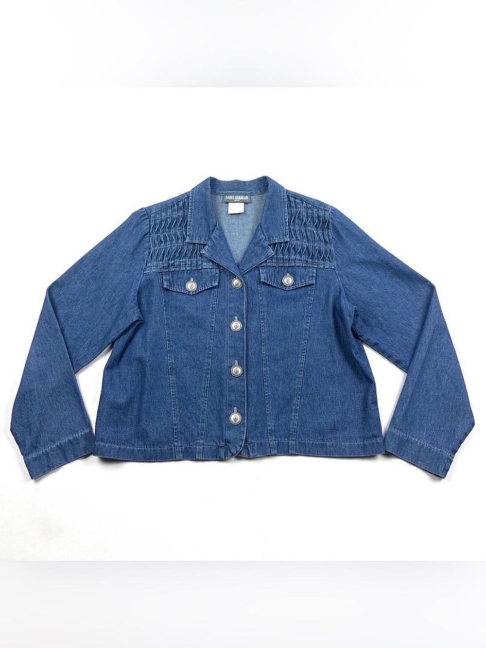 Saint Germain Blue Womens Medium Petite Textured Jean Denim Jacket 90s USA VTG